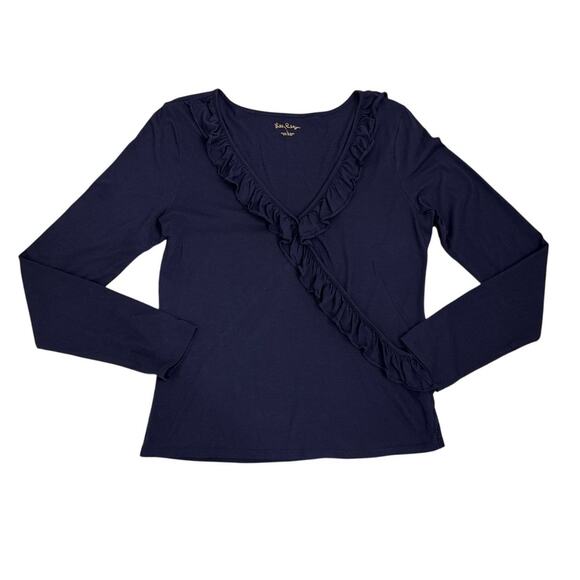 Lilly Pulitzer Loreda Ruffle Wrap Navy Blue Long Sleeve Shirt Size Women's Large - Picture 1 of 4